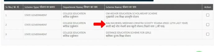 इसके बाद जिसके लिए छात्रा पात्र होगी, वह योजना पोर्टल पर आ जाएगी, उसमें से आपको कालीबाई भील मेधावी छात्रा स्कूटी योजना का सिलेक्शन करना है।